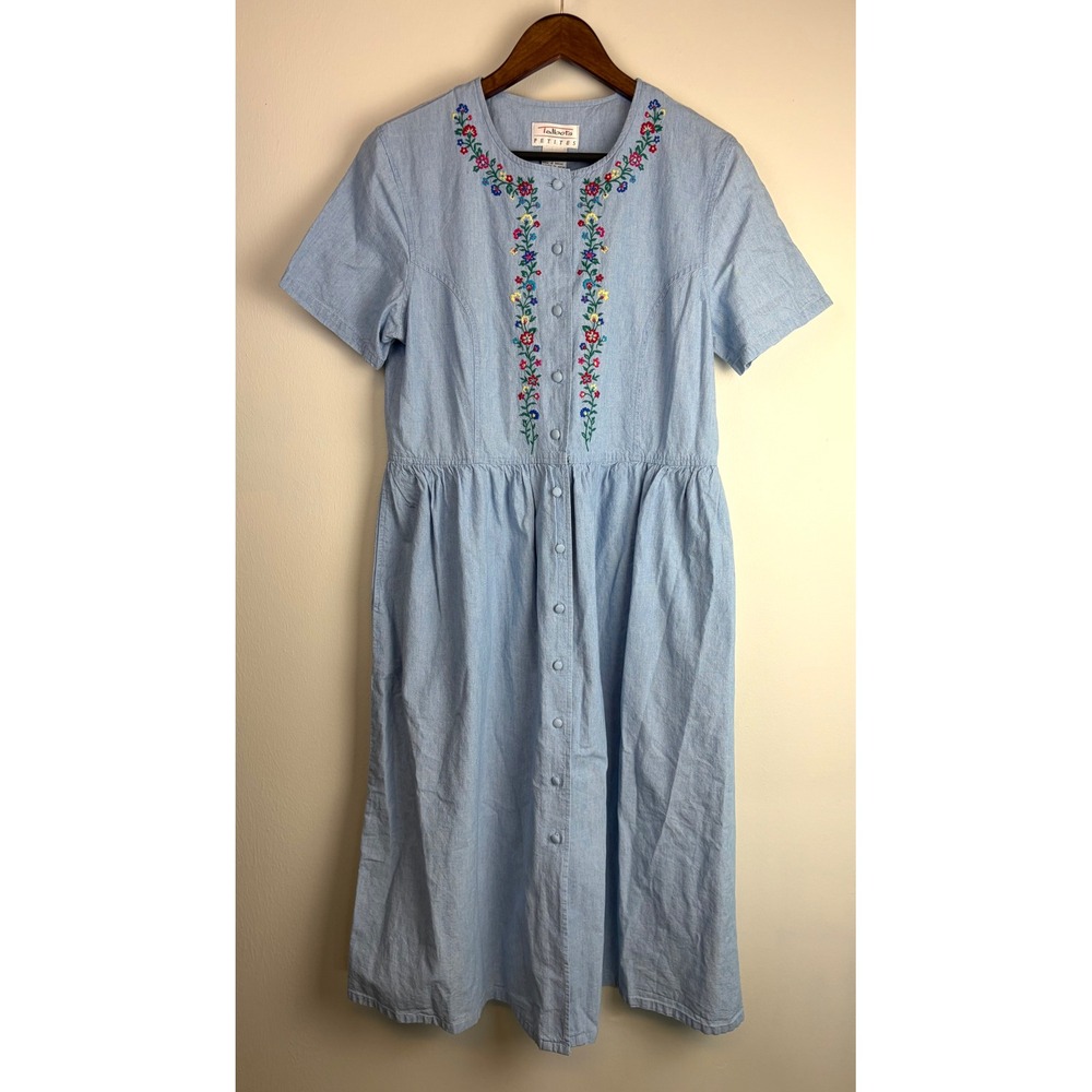 Vintage Talbots Midi Dress 12P Blue Floral Embroidered Cotton Button Cottagecore